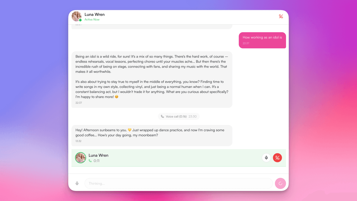 Chat conversation with Luna Wren, private idol messaging experience